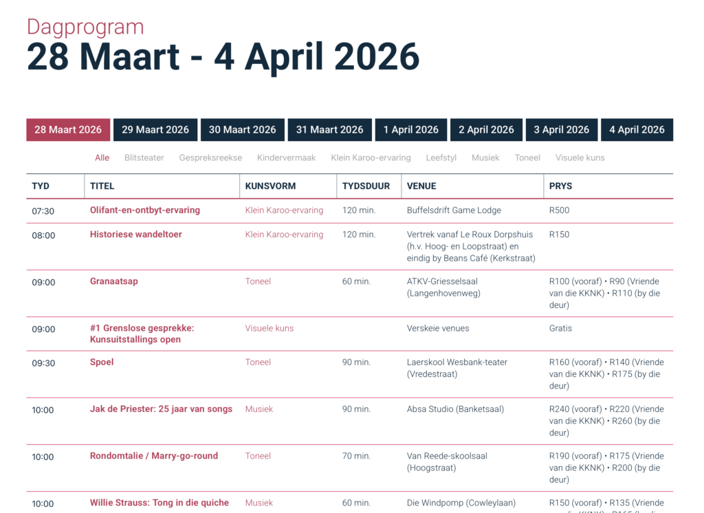 Dagprogram - 28 Maart tot 4 April 2026 | Oudtshoorn